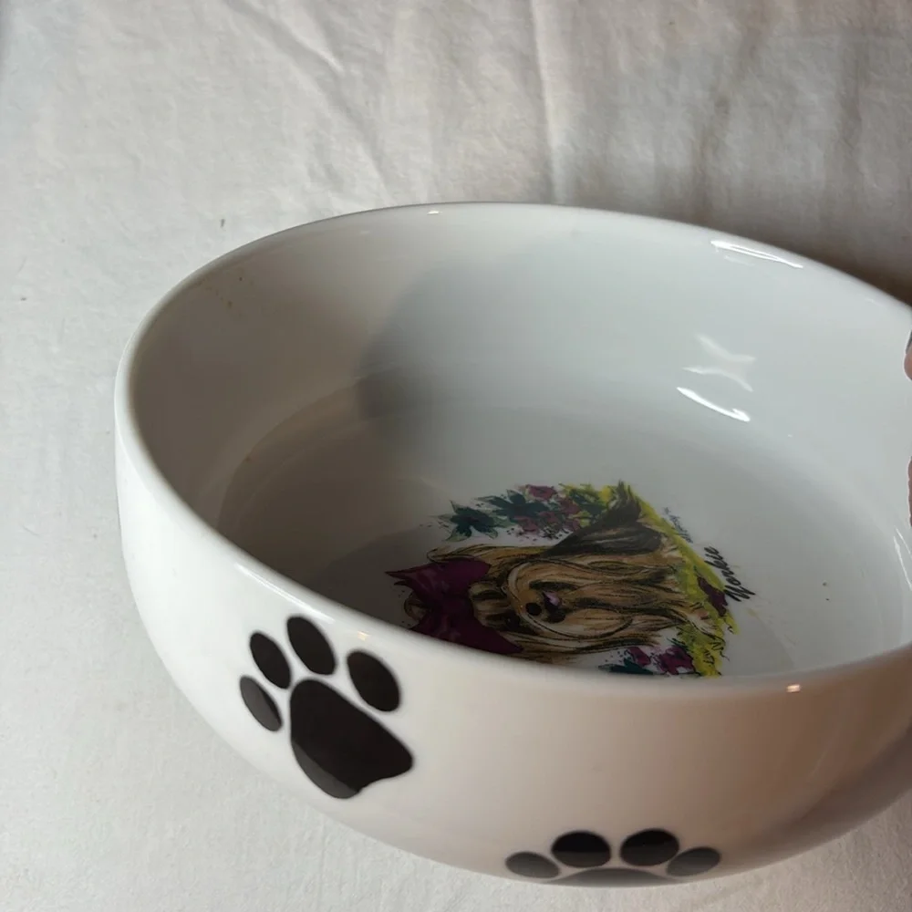 Porcelain Dog Dish With Footprints Around and Darling little Yorkie inside